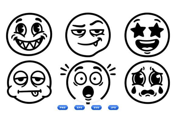 Funny Black Line Emoji Faces Graphics for Crafts